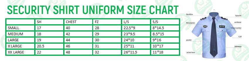 security guard shirt uniform size chart