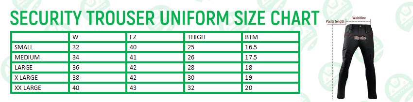 security trouser uniform size chart