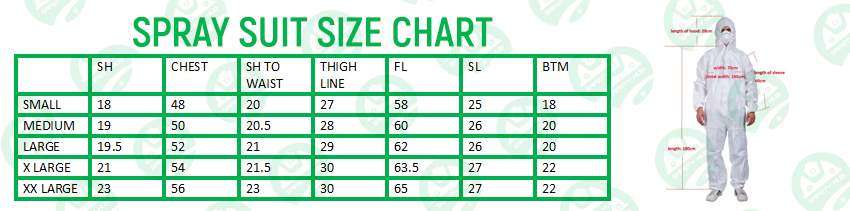 Spray Suits Size chart