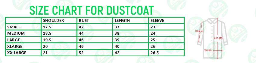 Dust Coat Size chart